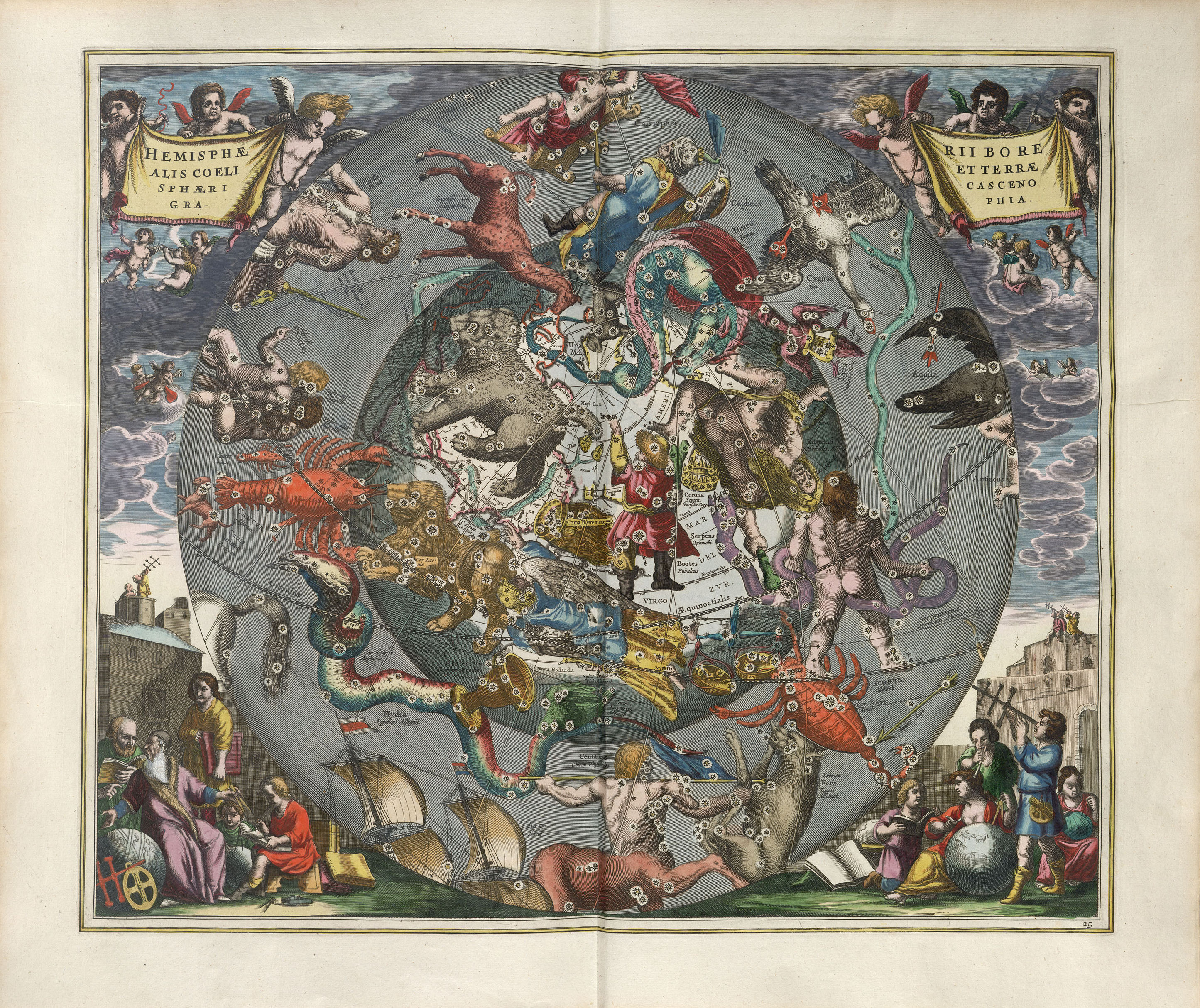 Harmonia Macrocosmica Plate 25 — Celestial and Terrestrial
          Hemispheres by Andreas Cellarius
