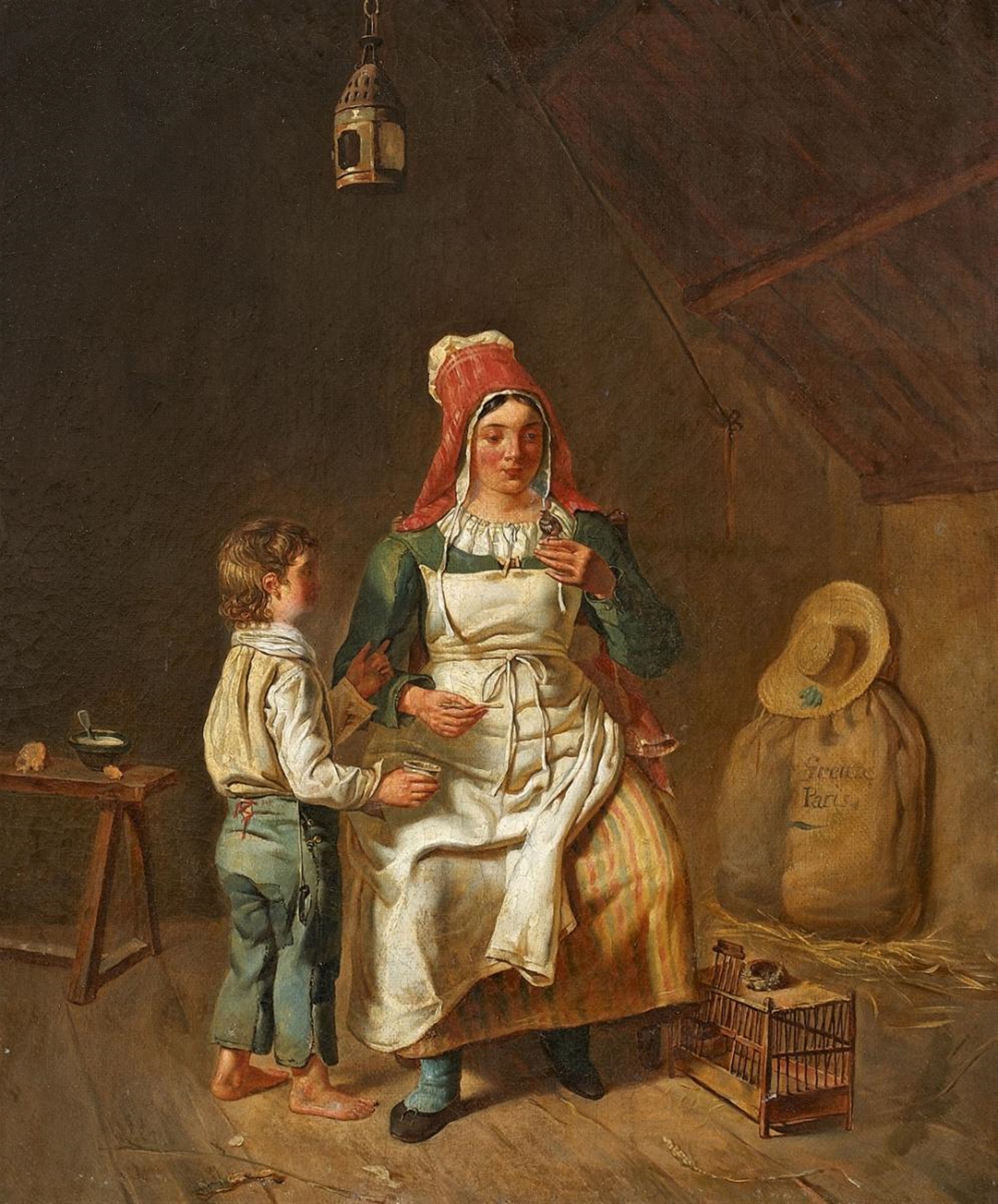 Mother and son with a bird by Anne Genevieve Greuze