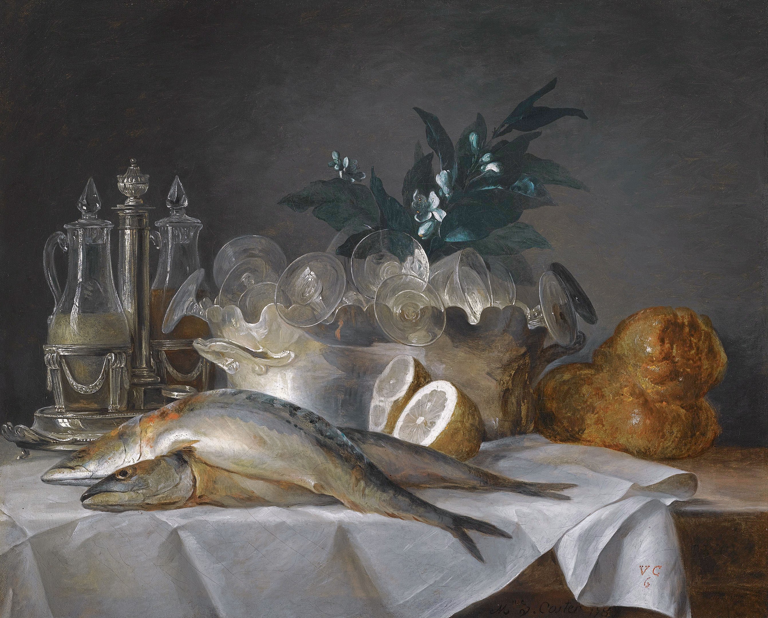 A still life of mackerel, glassware, a loaf of bread and lemons by Anne Vallayer-Coster