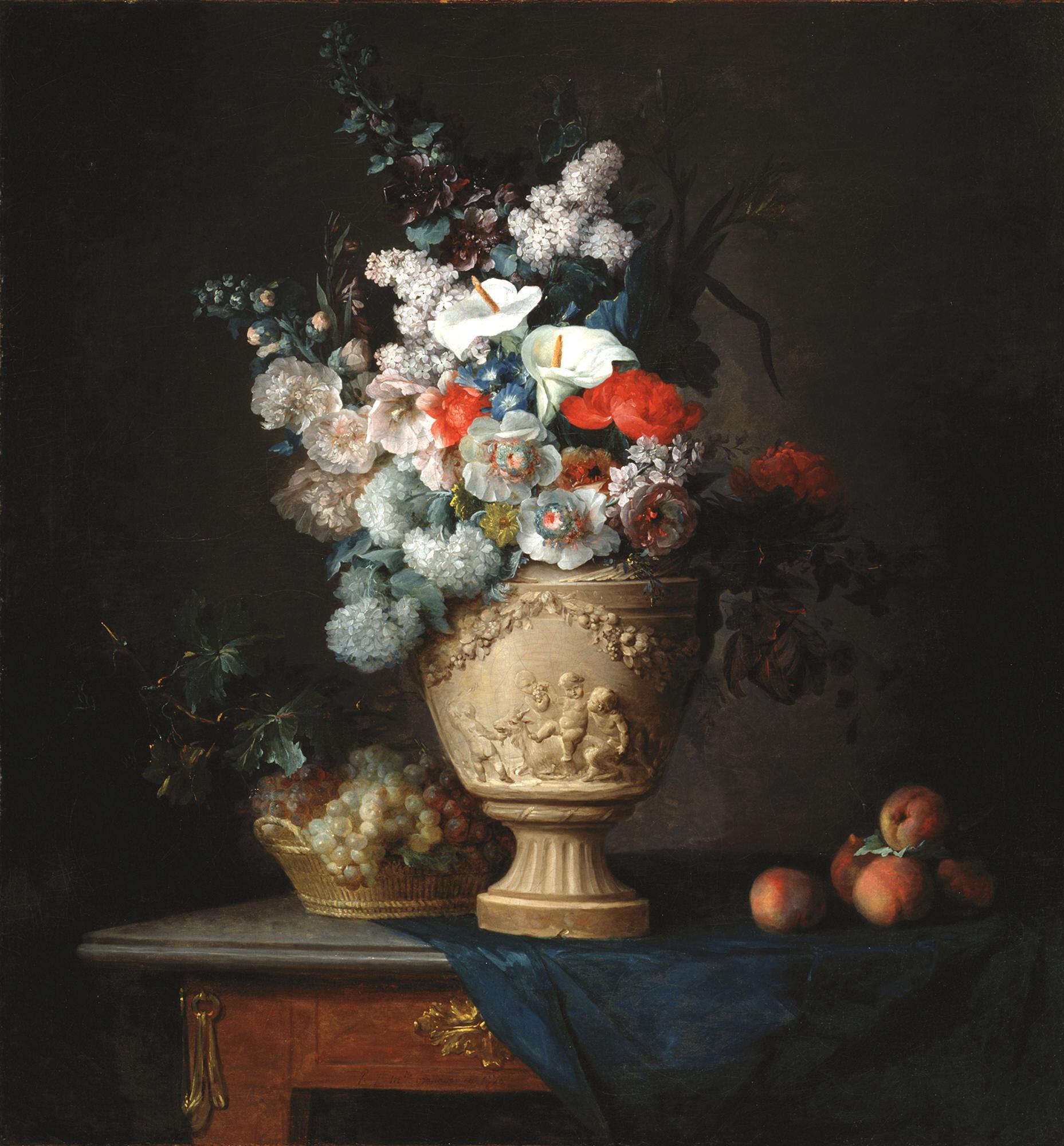 Bouquet of Flowers in a Terracotta Vase with Peaches and Grapes by Anne Vallayer-Coster