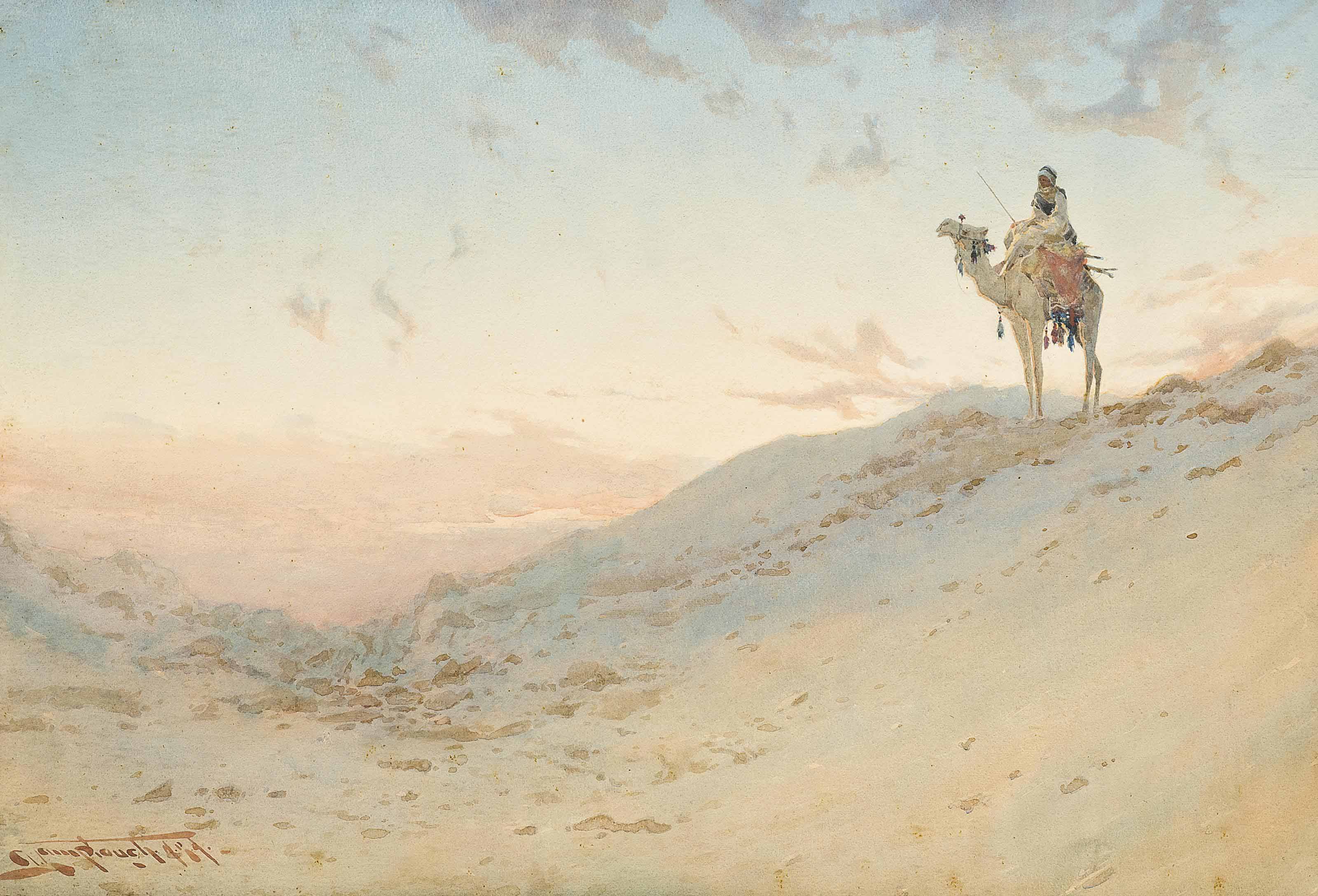 An Arab on a camel surveying the desert at dusk by Augustus Osborne Lamplough