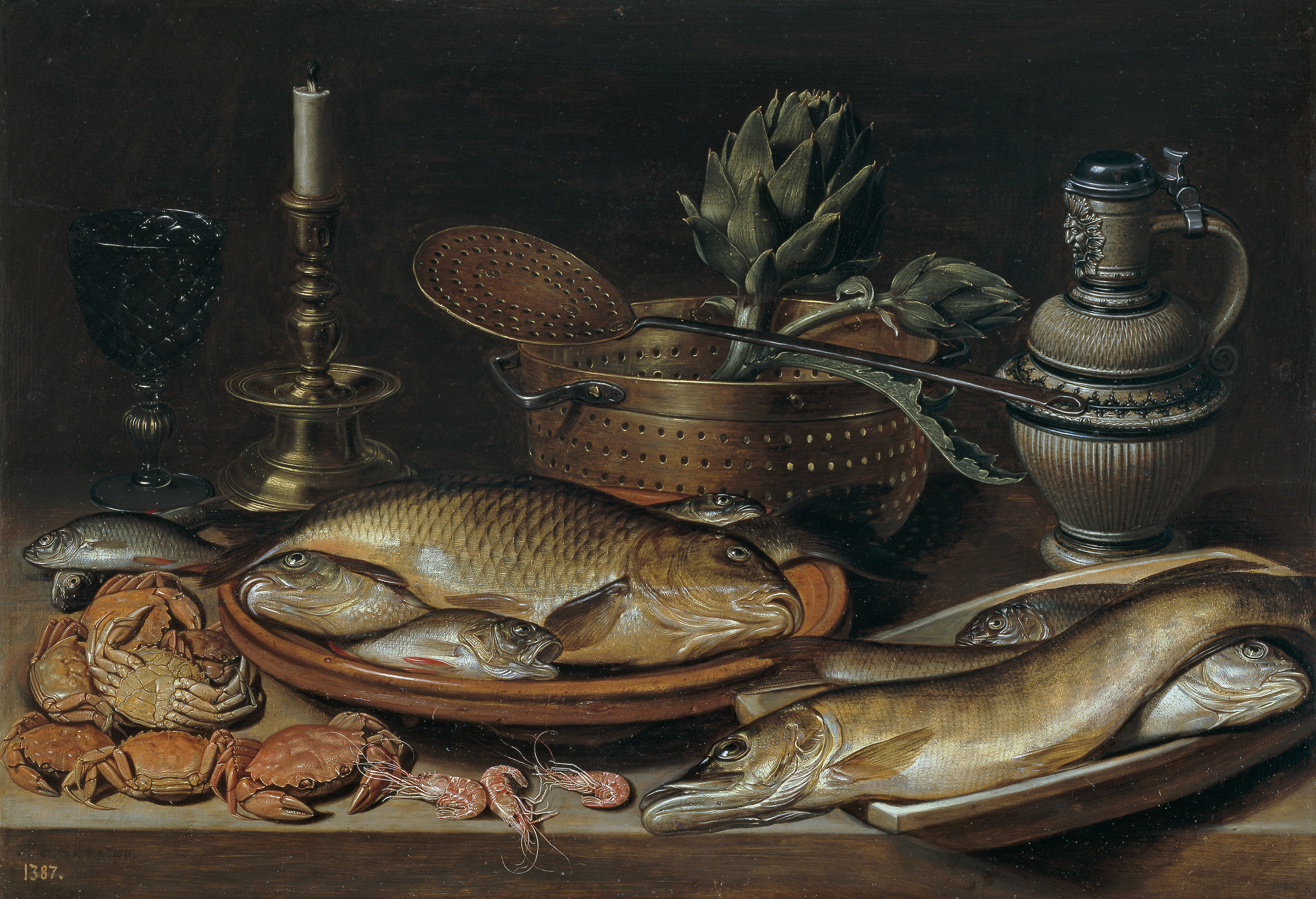 Still Life with Fish, Candle, Artichokes, Crabs and Shrimp by Clara Peeters