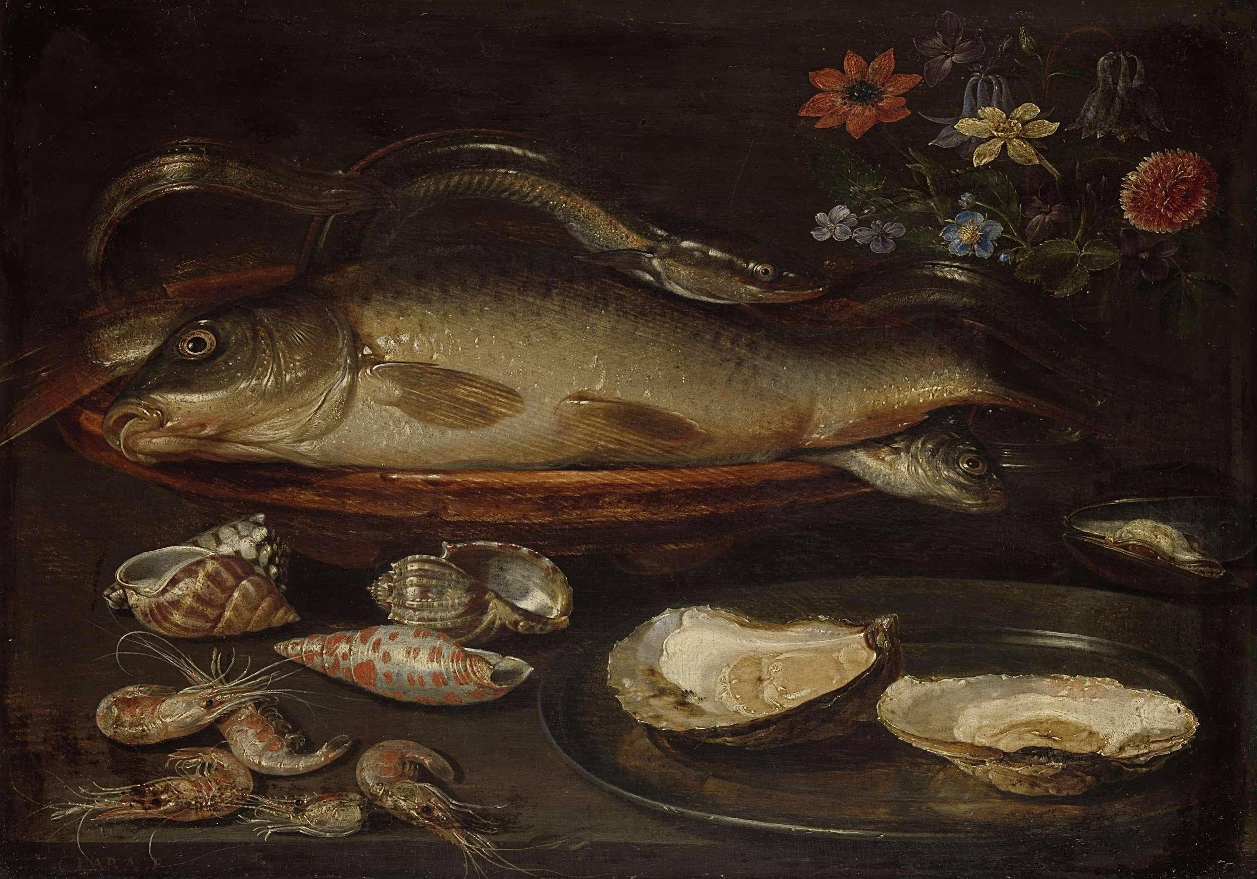 Still life with fish, oysters and shrimps by Clara Peeters