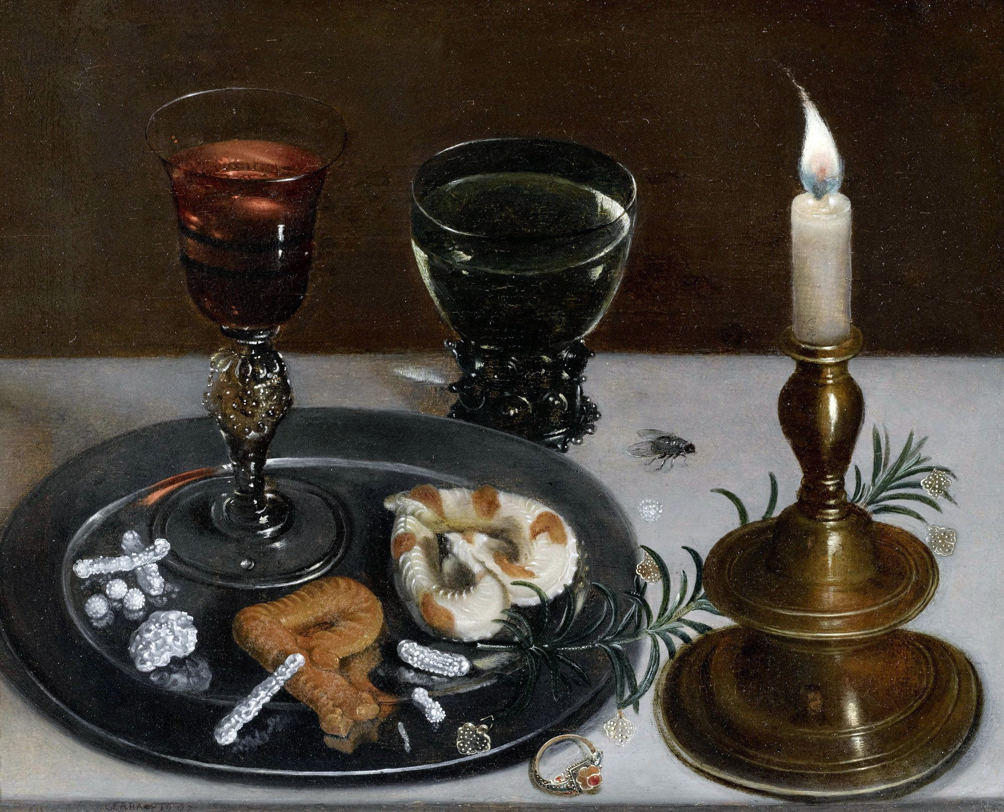 Still life with Venetian glass, Römer wine glass and a candle by Clara Peeters