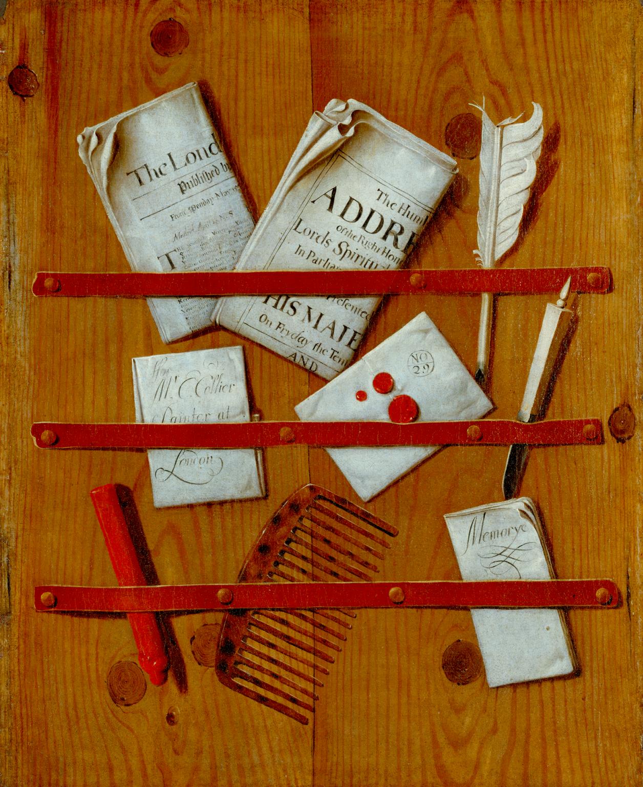 Newspapers, Letters and Writing Implements on a Wooden Board by Edwaert Collier