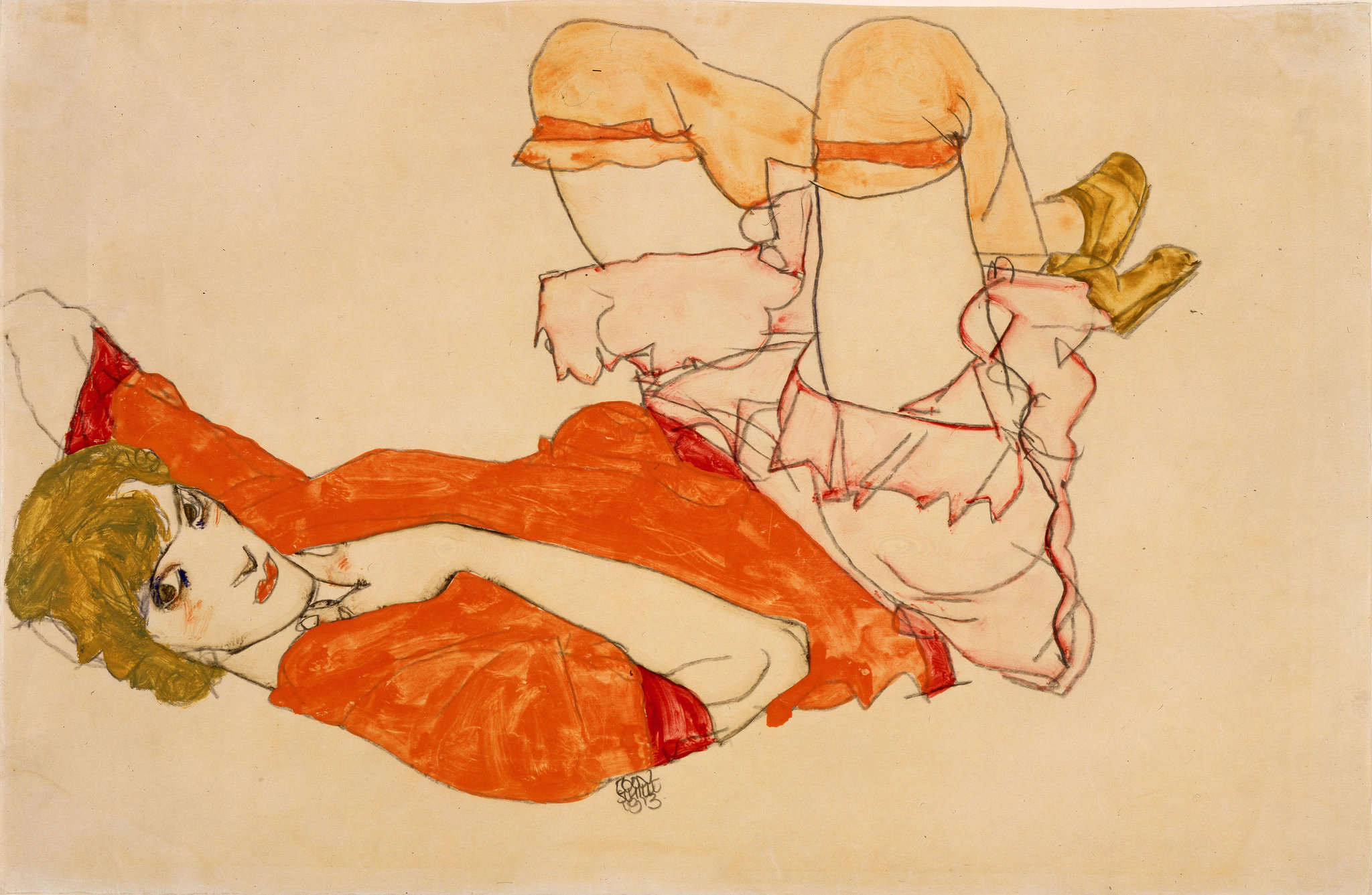 Wally in Red Blouse with Raised Knees by Egon Schiele
