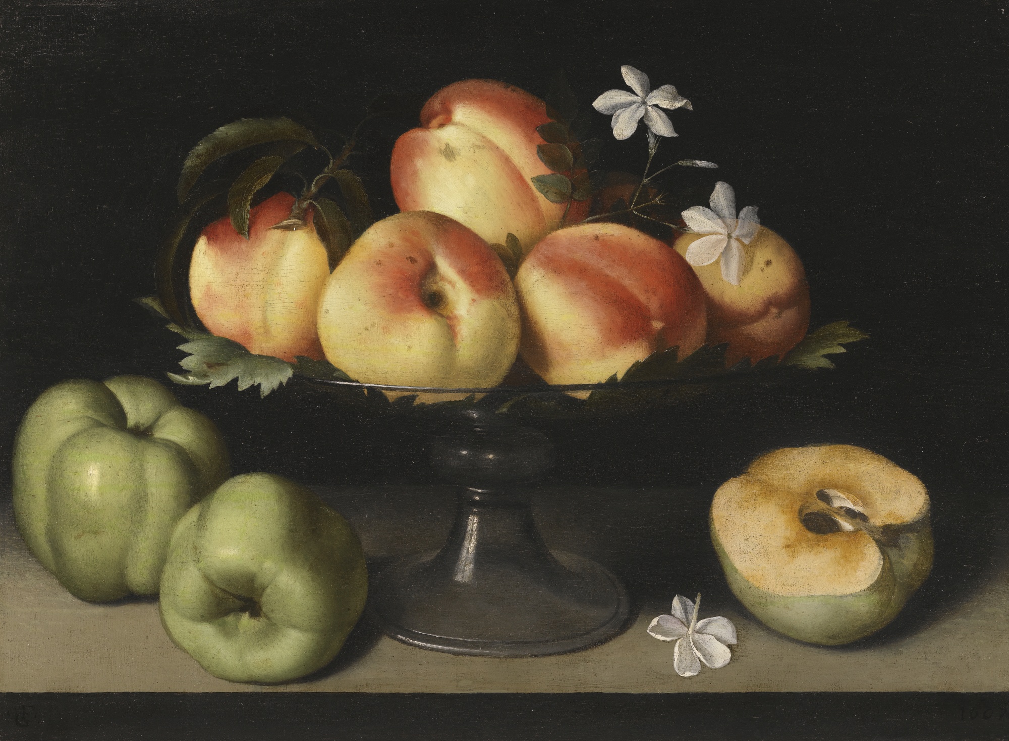 A Crystal Fruit Stand with Peaches, Quinces, and Jasmine by Fede Galizia