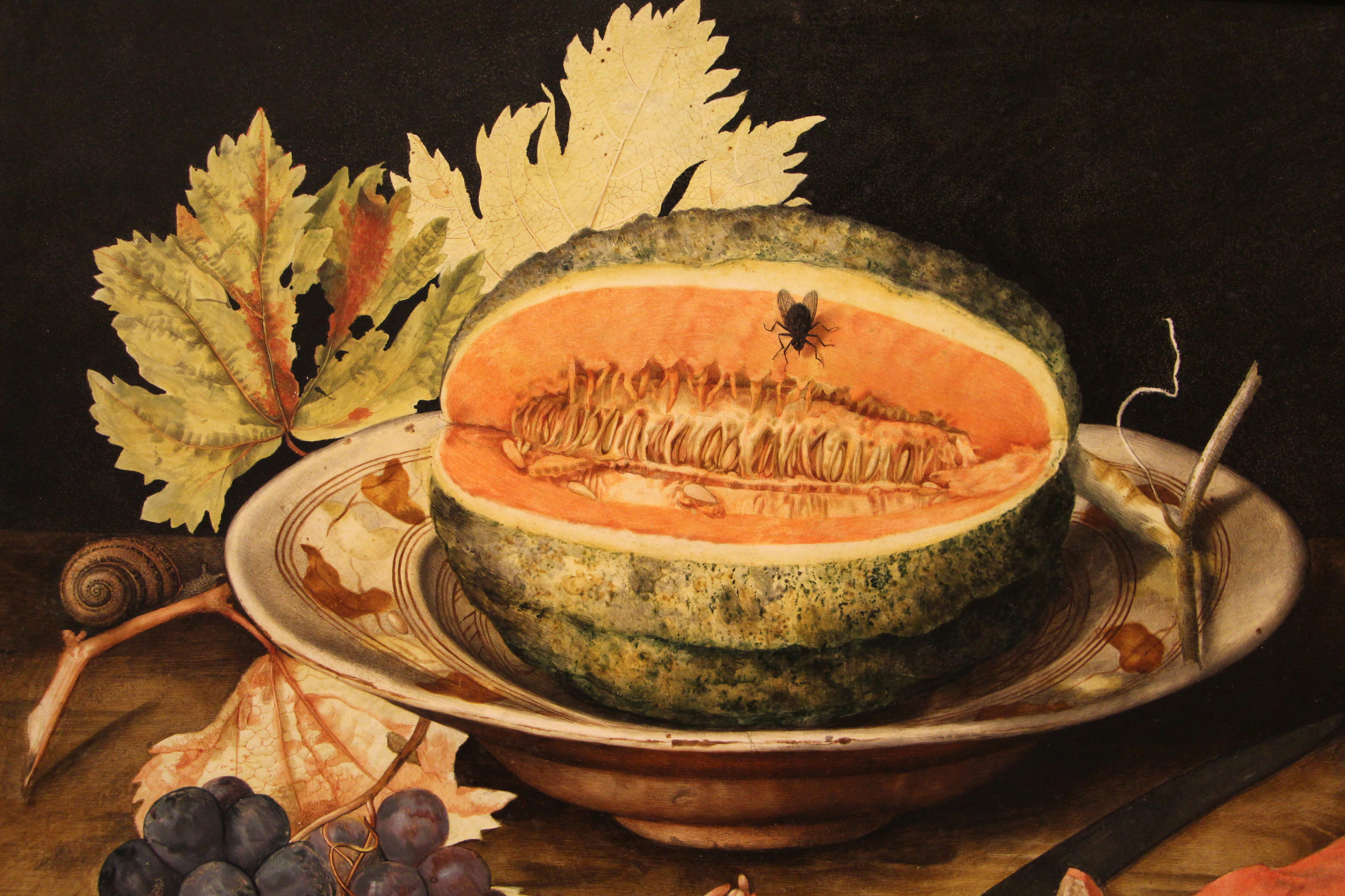 Melon on a Plate with Grapes and a Snail by Giovanna Garzoni