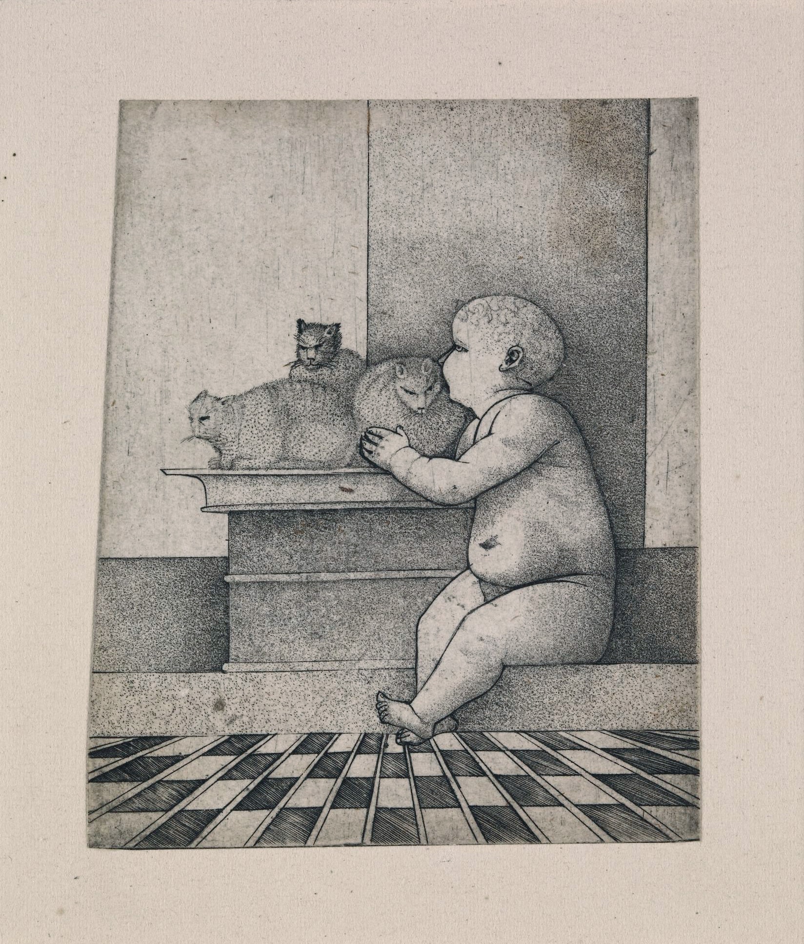 Child with three cats by Giulio Campagnola