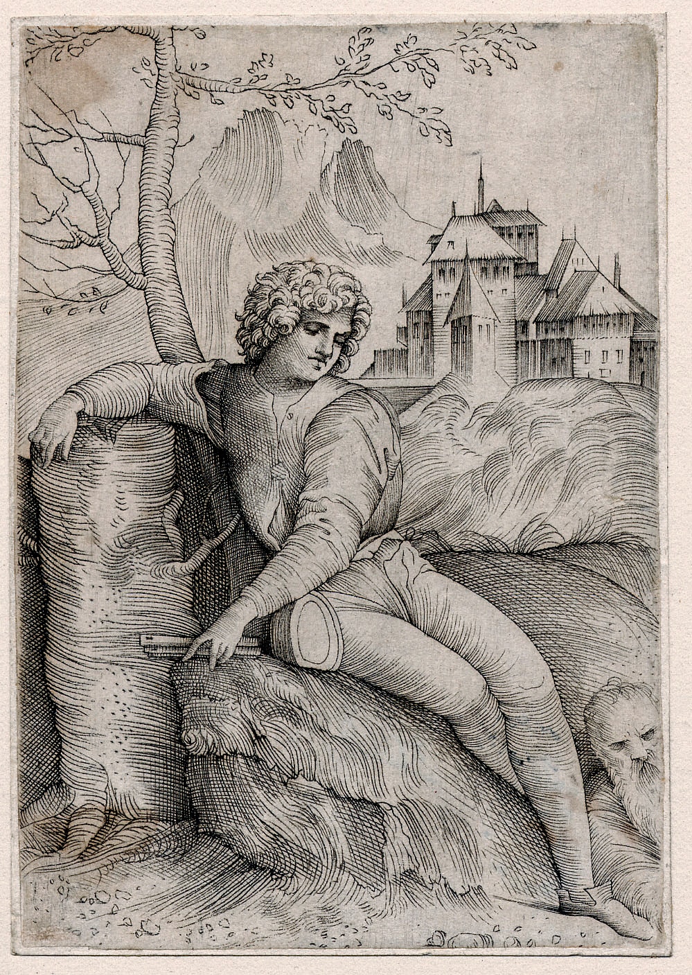 Shepherd by a tree (Cross Hatched) by Giulio Campagnola