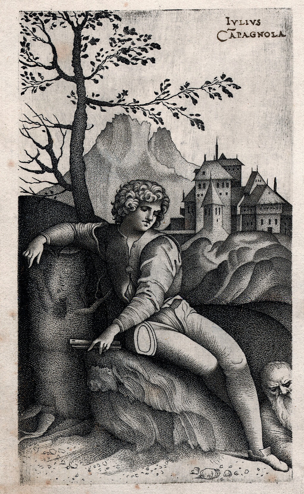 Shepherd by a tree (Stippled) by Giulio Campagnola