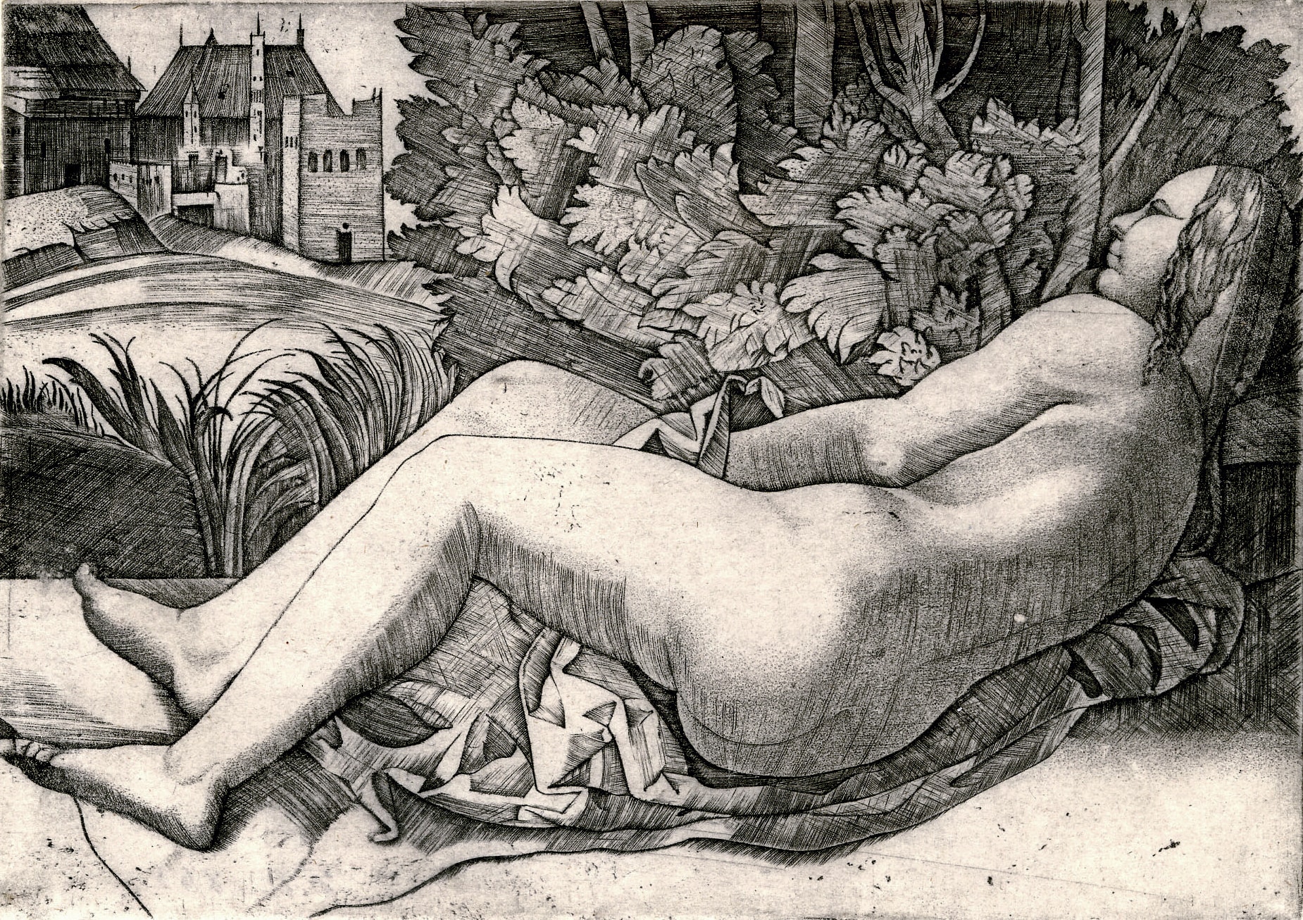 Venus Reclining in a Landscape (Hatched) by Giulio Campagnola