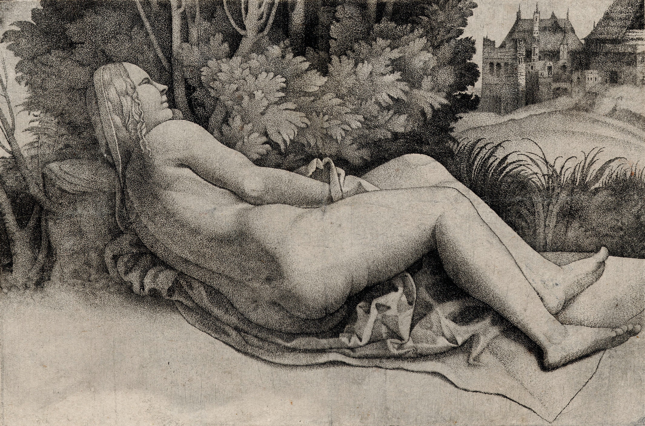 Venus Reclining in a Landscape (Stippled) by Giulio Campagnola