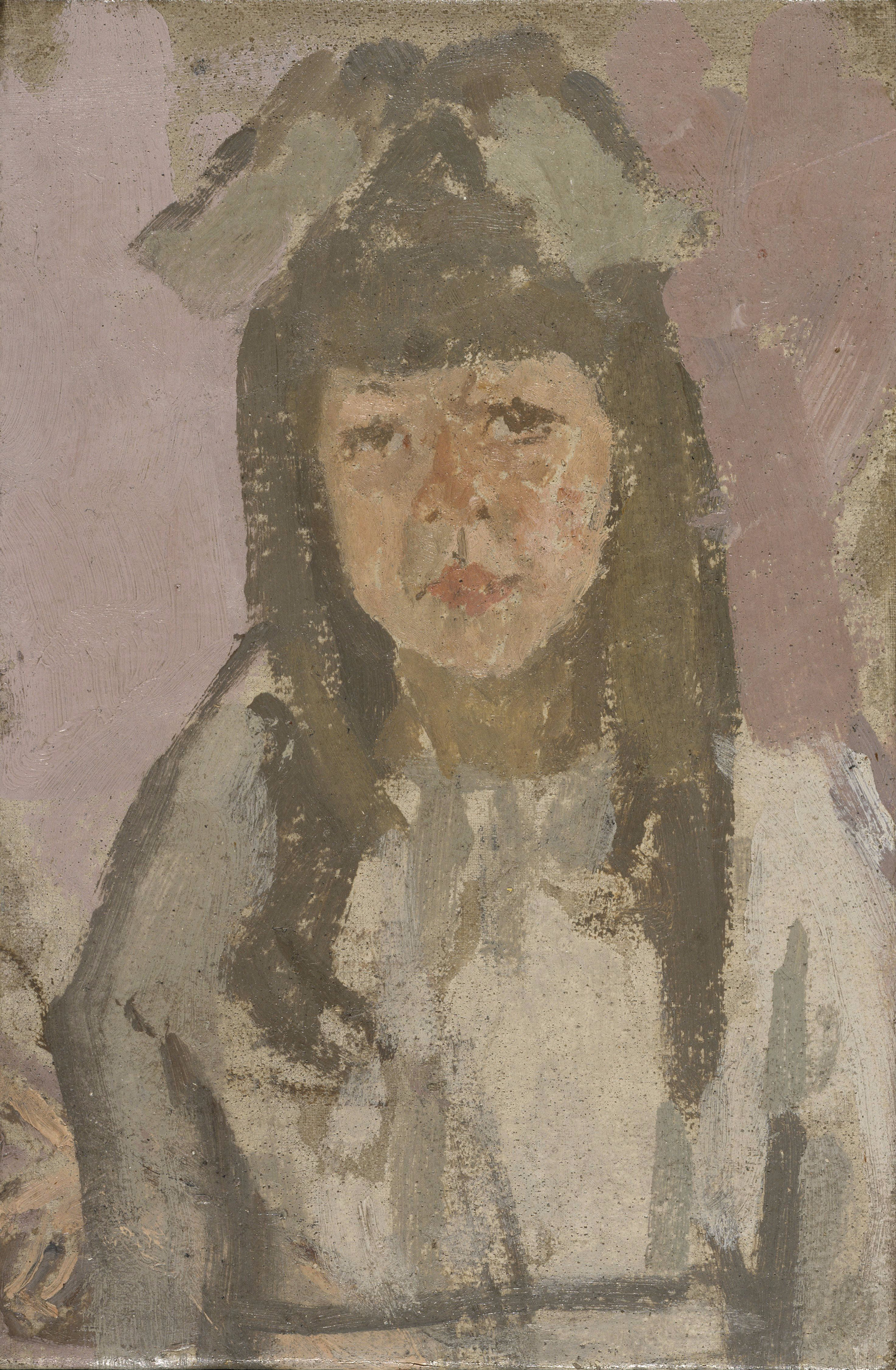 Bust of a Girl with a Bow Before a Pink Background by Gwendolen Mary John