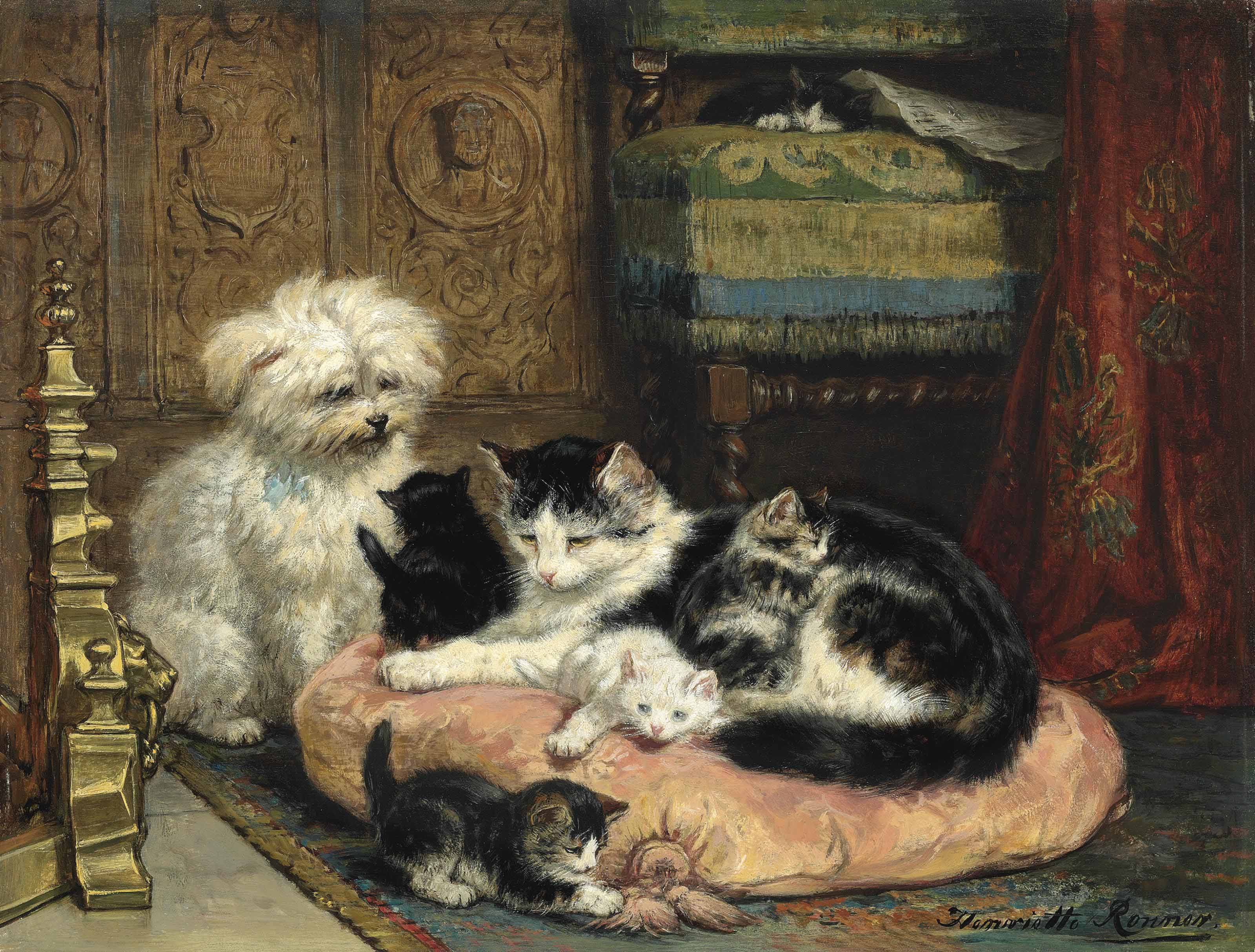 A mother with her kittens watched over by a terrier by Henriëtte Ronner-Knip