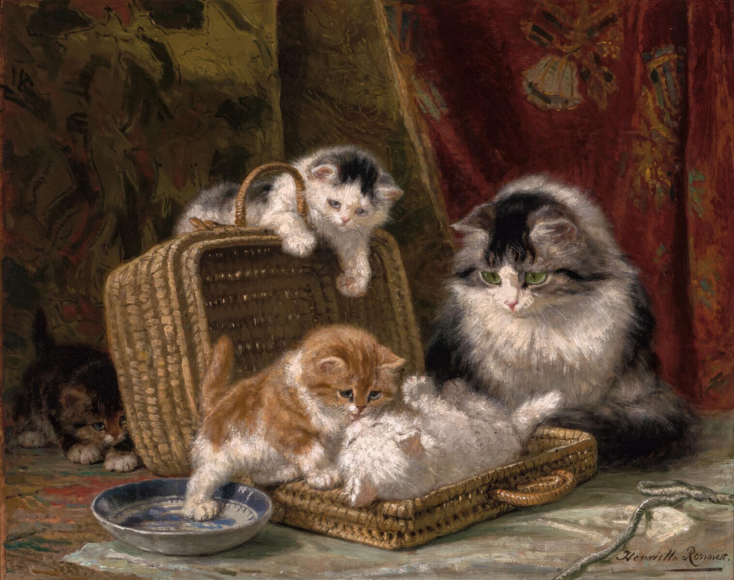 Kittens playing in a baskets by Henriëtte Ronner-Knip