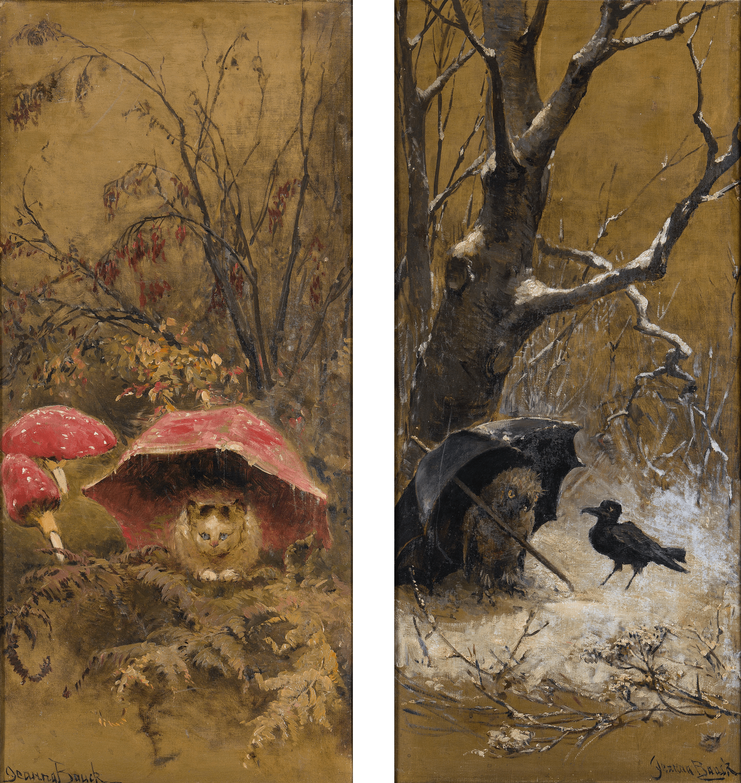 A Cat amongst Fly Agaric and An Owl with an Umbrella by Jeanna Bauck