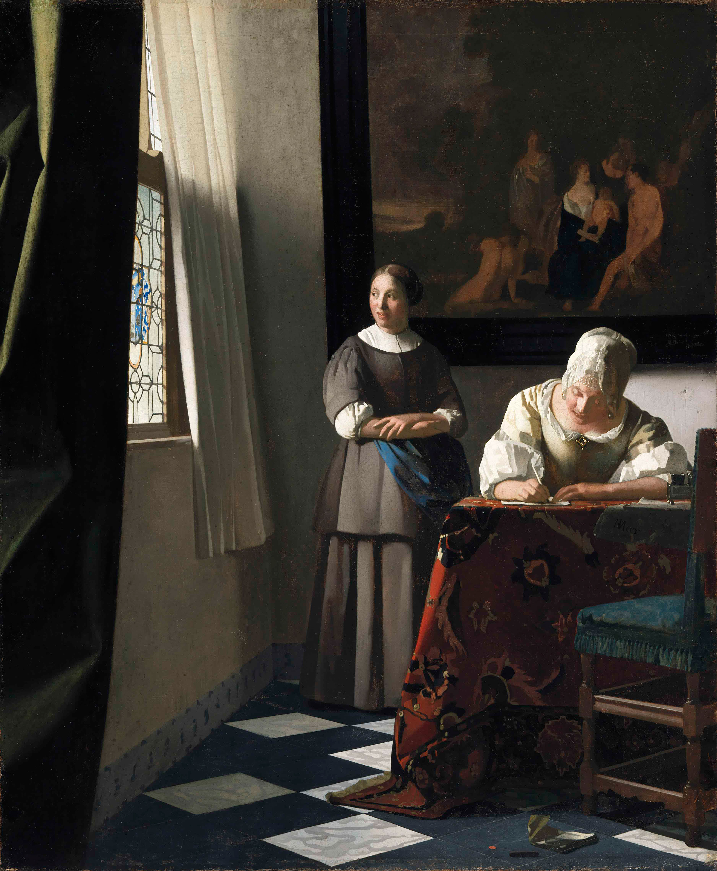 A Woman Writing a Letter with her Maidservant by Johannes Vermeer