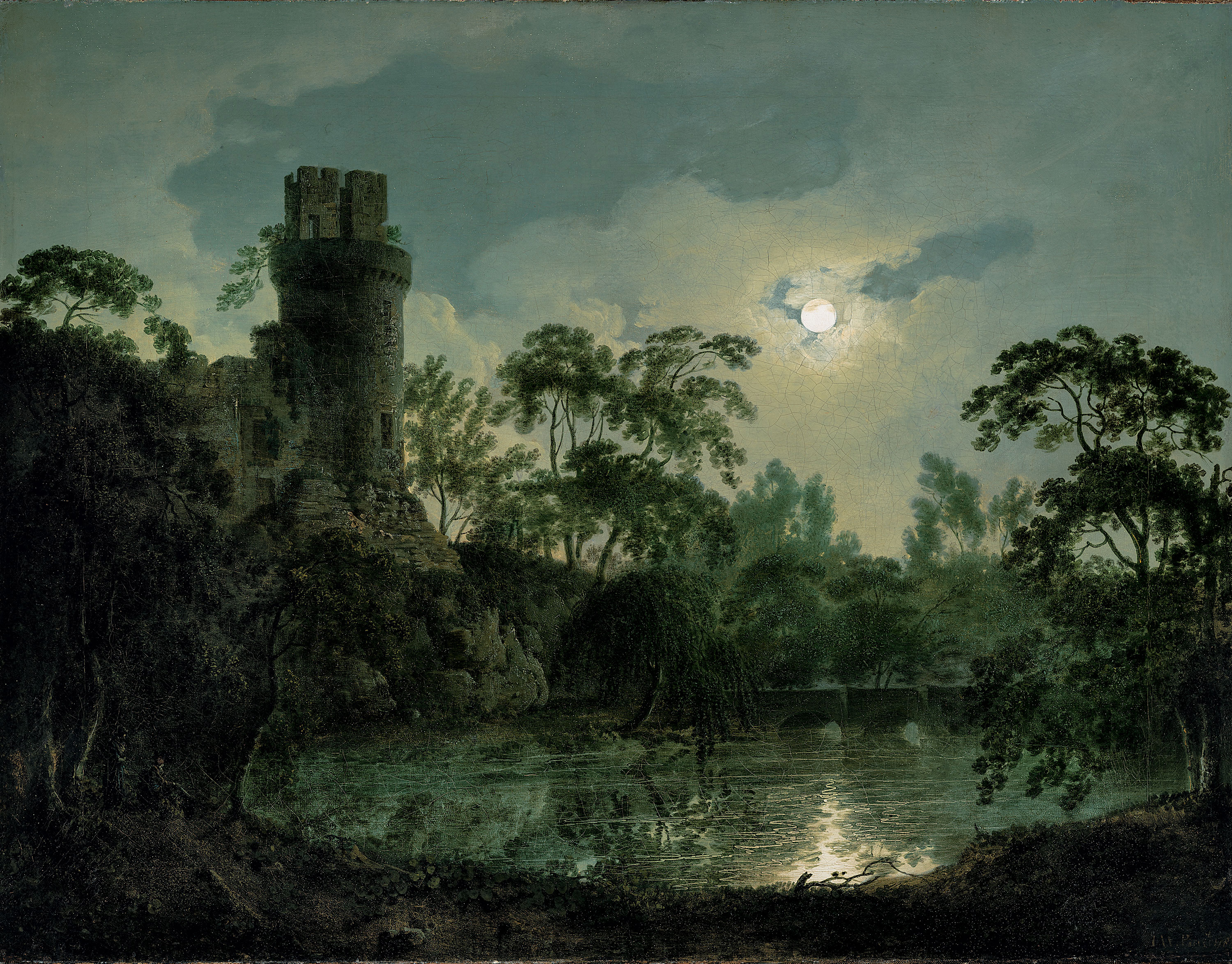 Lake by Moonlight with Castle on Hill by Joseph Wright of Derby
