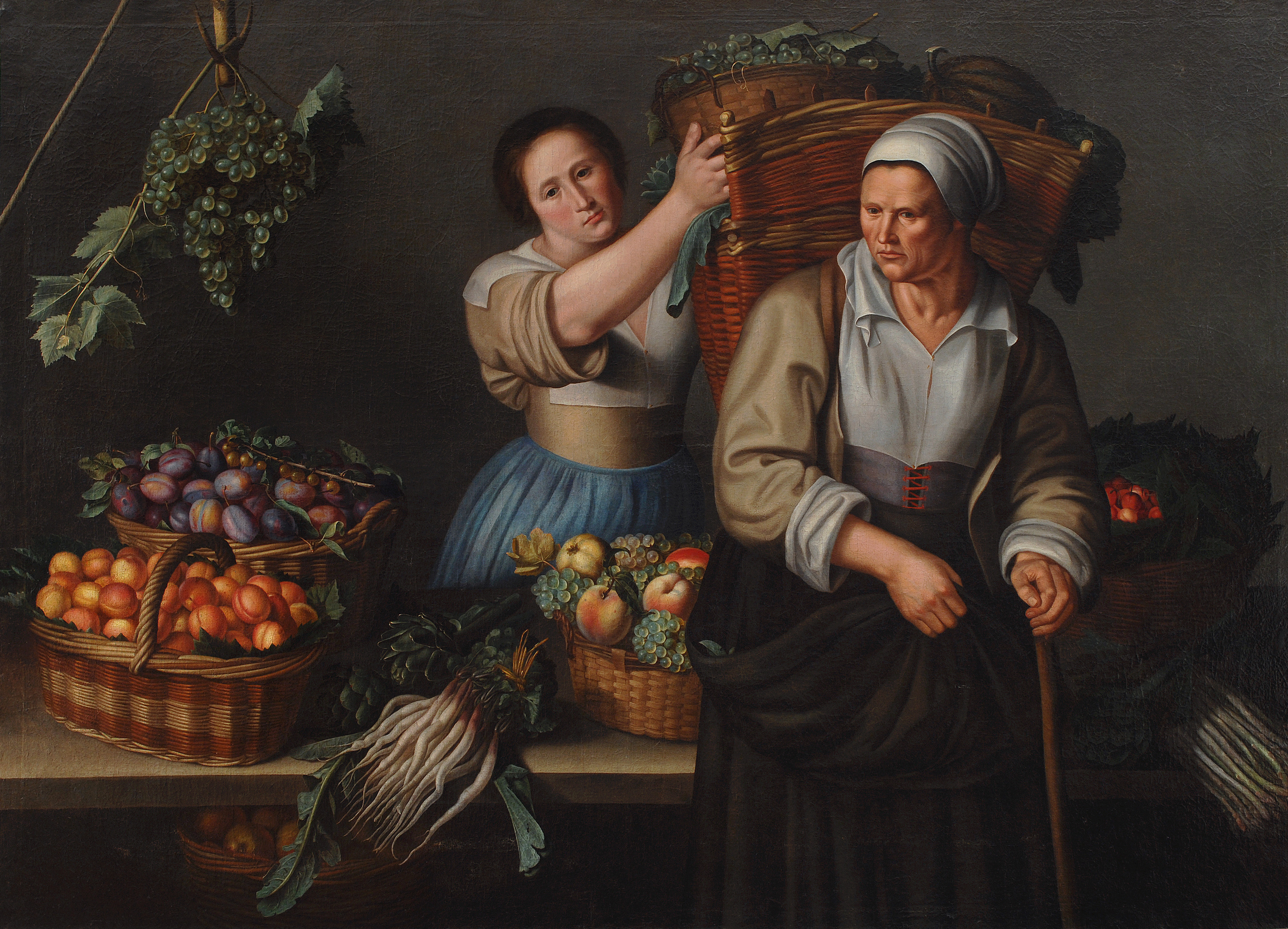 A Market Stall with a Young Woman Giving a Basket of Grapes to an
          Older Woman by Louise Moillon