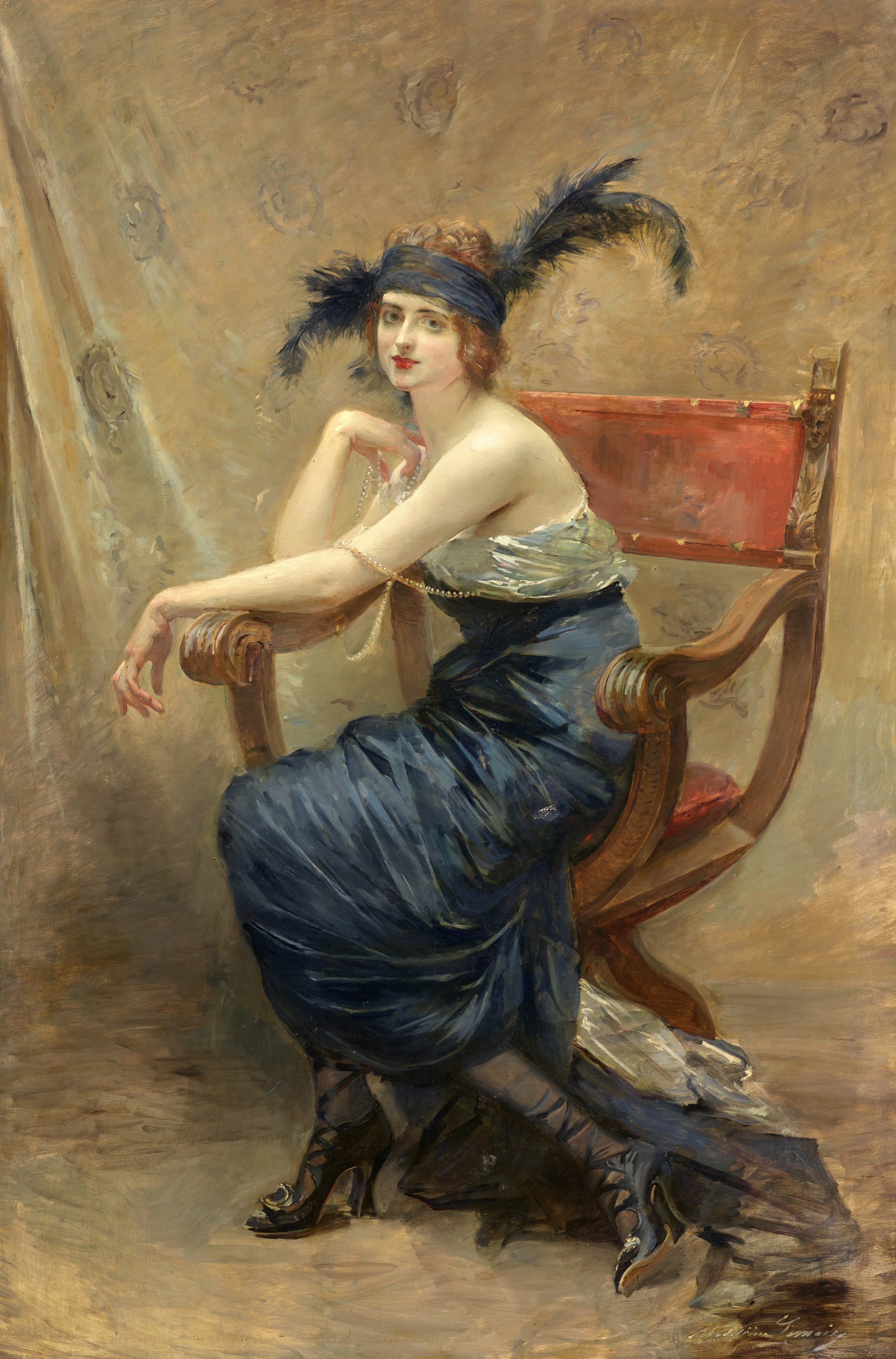 Woman seated in a Dagobert armchair by Madeleine Lemaire
