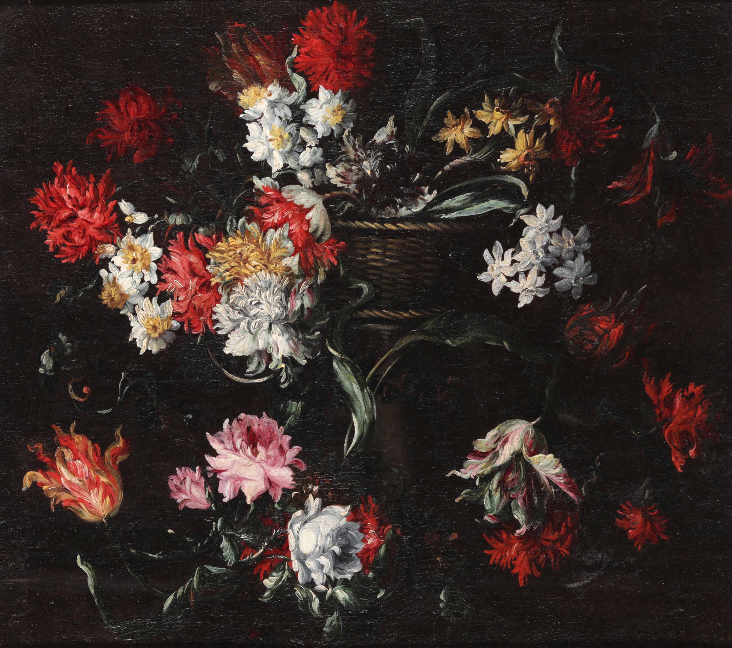 Basket of flowers on pedestal by Margherita Caffi