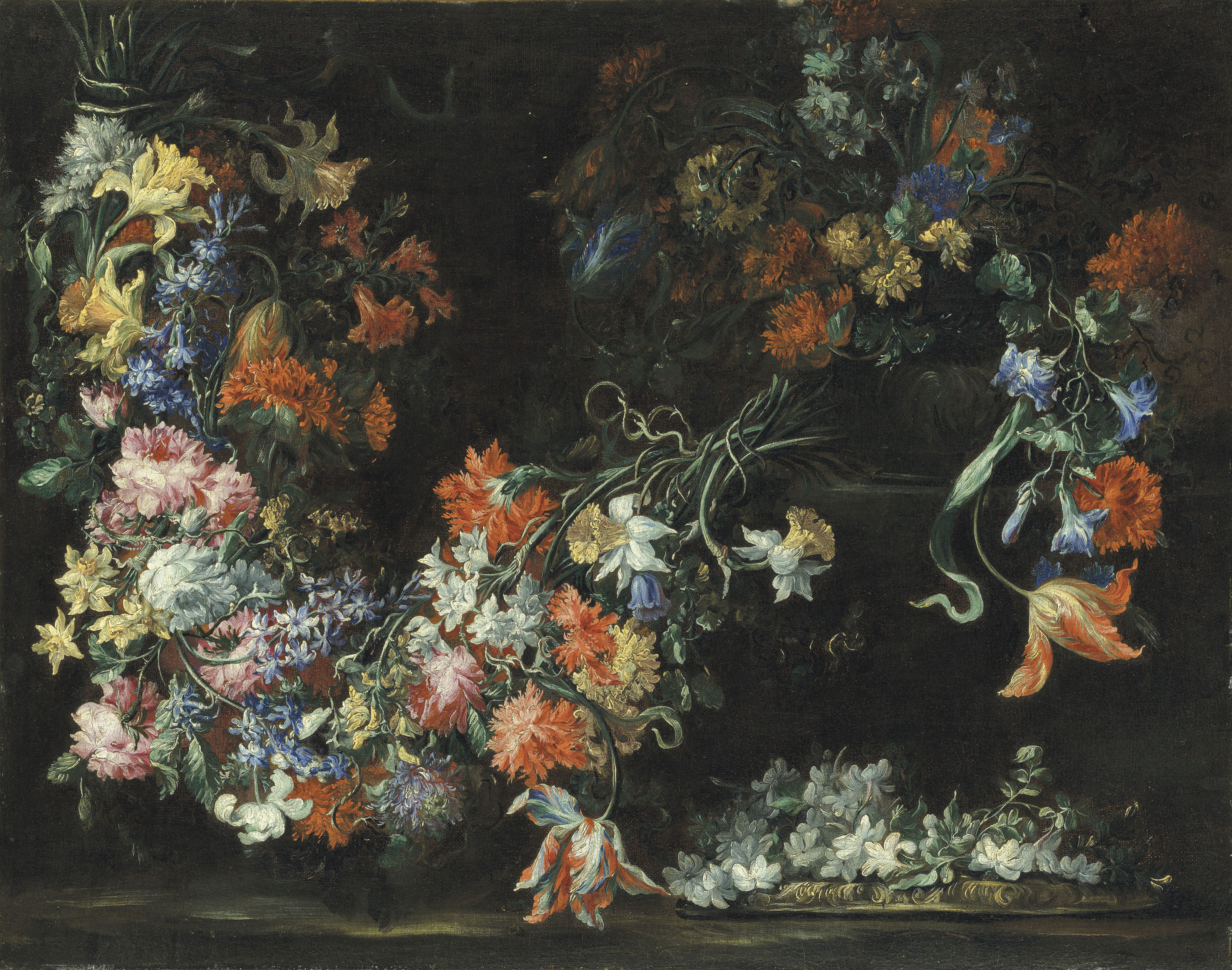 Swathes of flowers in urns on a ledge by Margherita Caffi