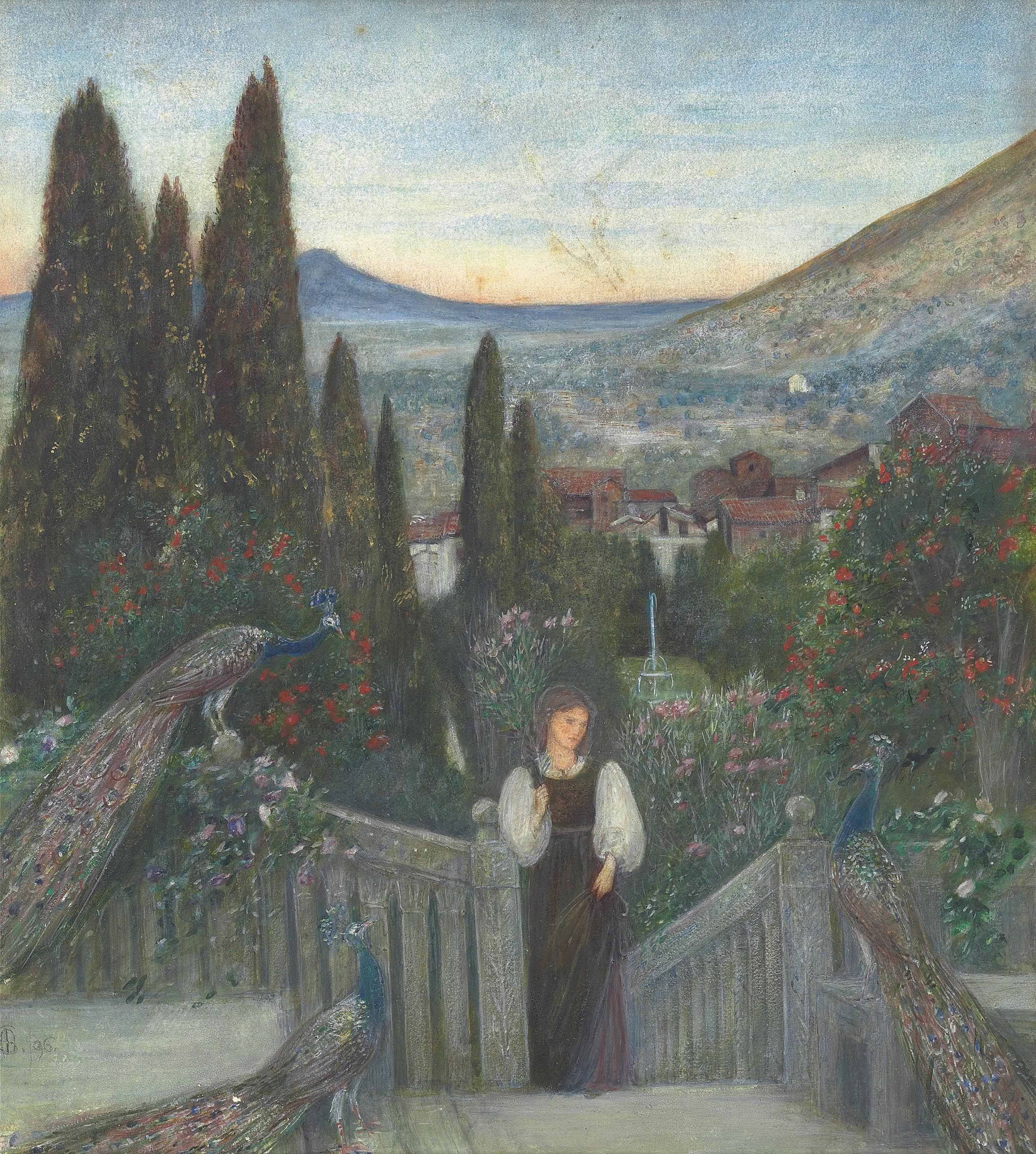 A lady with peacocks in a garden by Marie Spartali Stillman