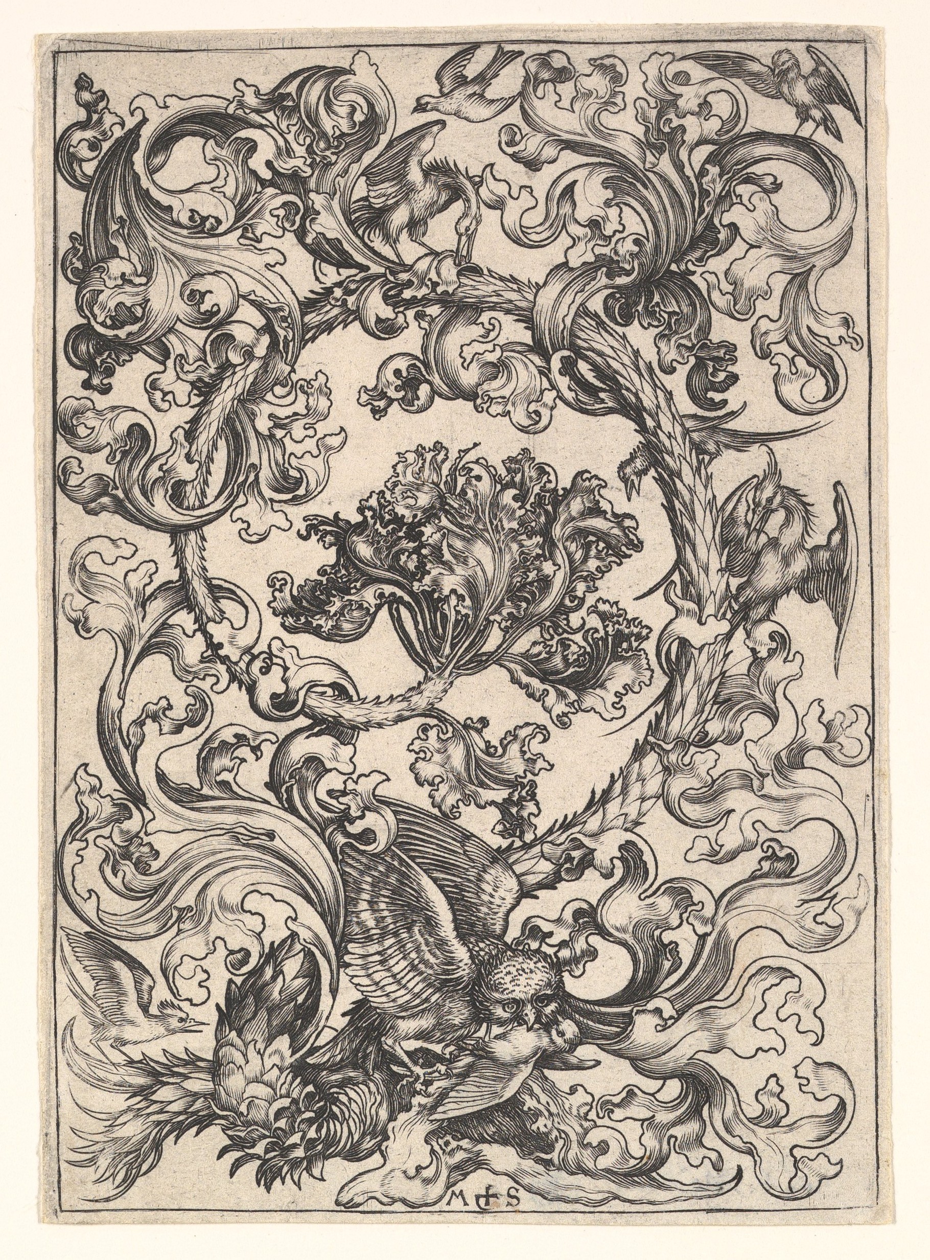 Ornament with Owl Mocked by Day Birds by Martin Schongauer