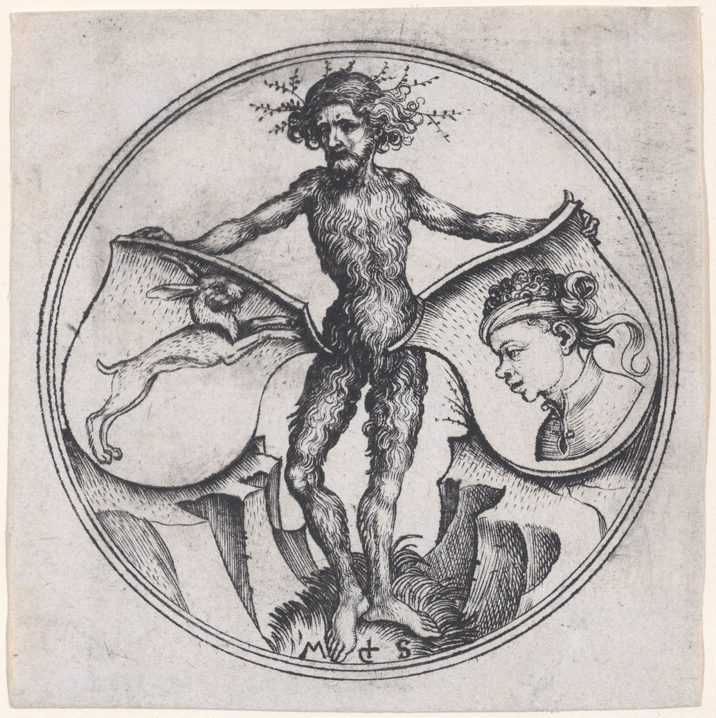 Wild Man Holding a Shield with a Hare and a Shield with a Moor's
Head by Martin Schongauer