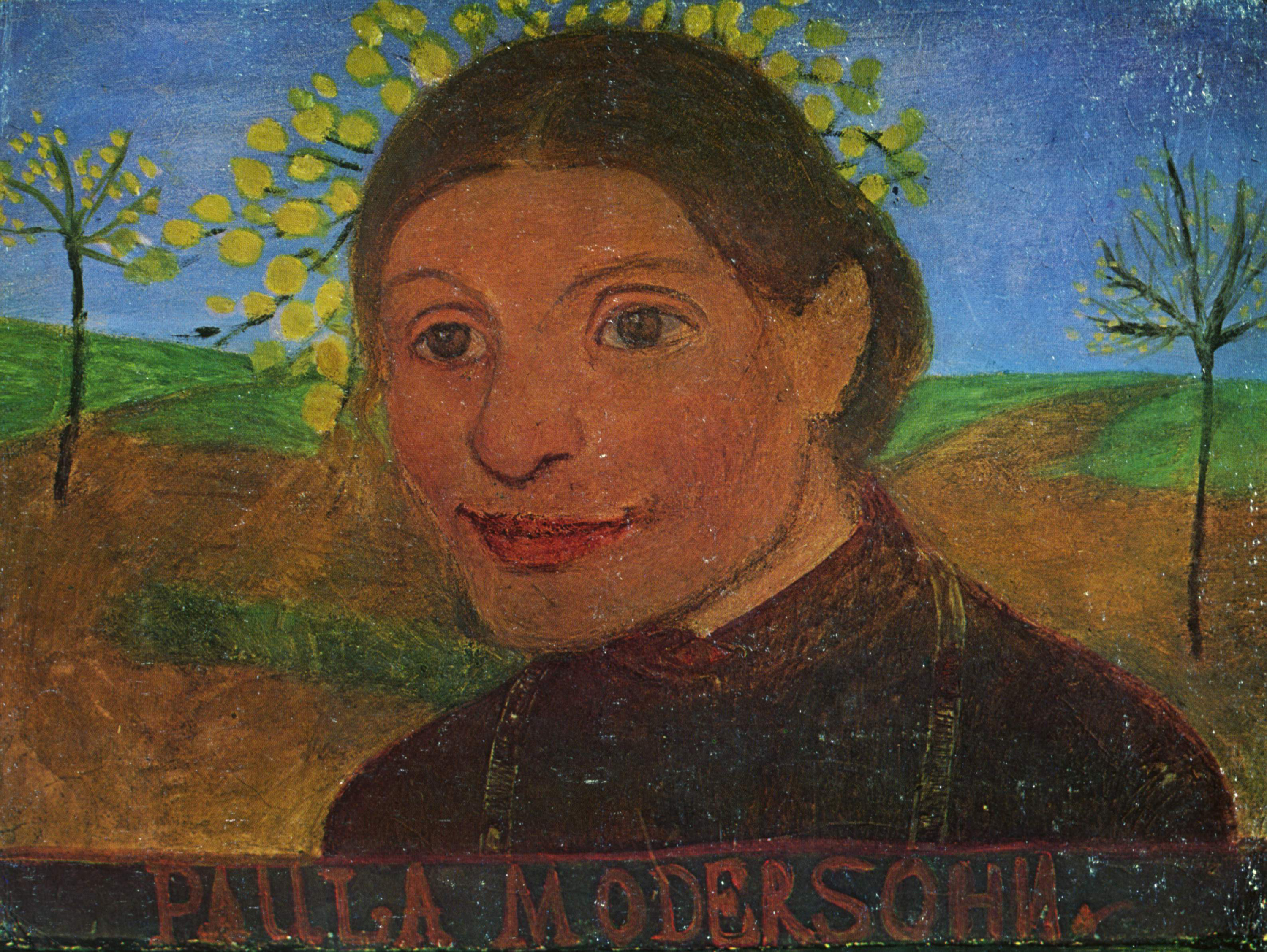Self portrait in front of flowering trees by Paula Modersohn-Becker