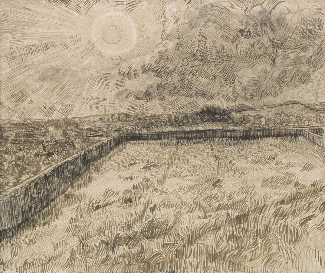 Sun over Walled Wheat Field by Vincent Van Gogh