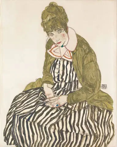 Portrait of Edith Schiele with Striped Dress, Sitting by Egon Schiele