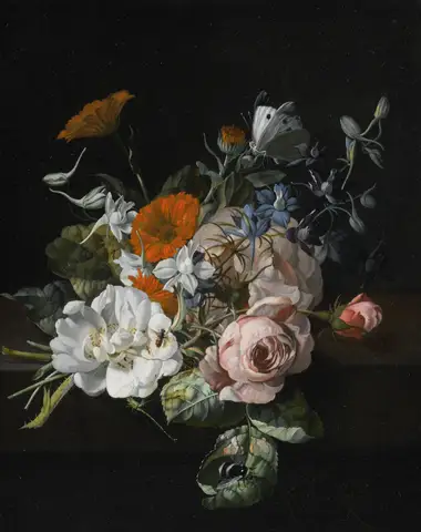 A Nosegay of Roses, Marigolds, Larkspur and a Bumblebee by Rachel Ruysch
