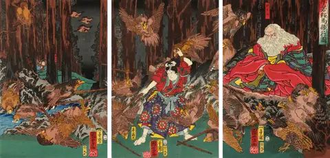 Prince Yoshitsune learning the art of swordsmanship by Utagawa Kuniyoshi