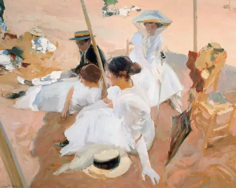 Under the awning, on the Beach at Zarauz by Joaquín Sorolla