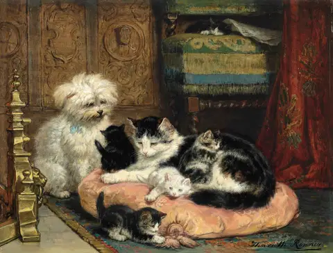 A mother with her kittens watched over by a terrier by Henriëtte Ronner-Knip