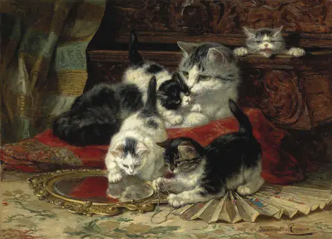 Mother and kittens playing with a hand mirror by Henriëtte Ronner-Knip
