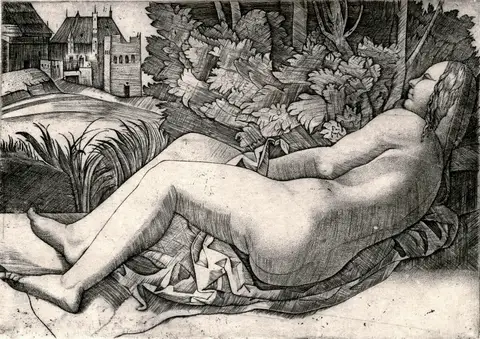 Venus Reclining in a Landscape (Hatched) by Giulio Campagnola