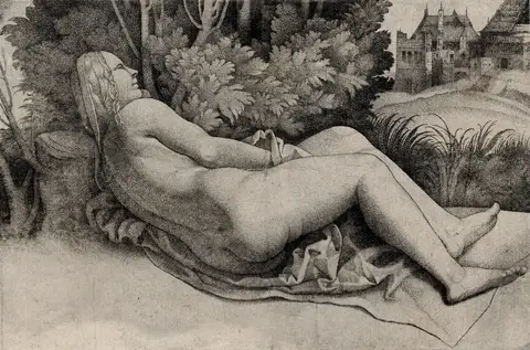 Venus Reclining in a Landscape (Stippled) by Giulio Campagnola