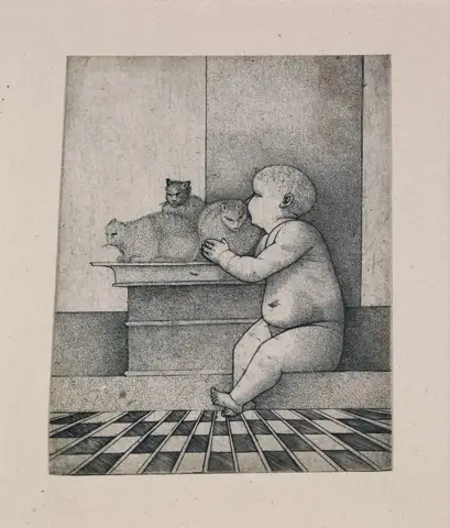 Child with three cats by Giulio Campagnola
