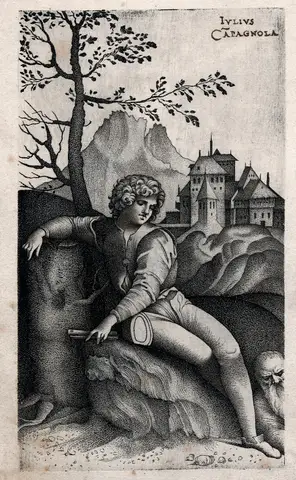 Shepherd by a tree (Stippled) by Giulio Campagnola