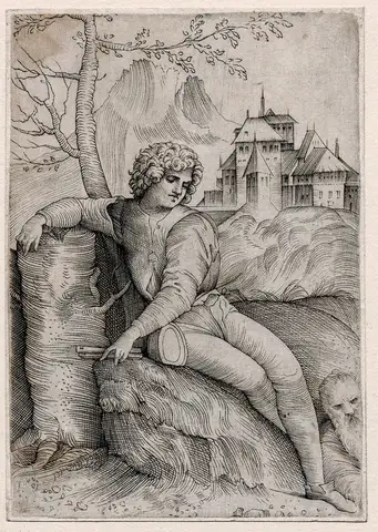 Shepherd by a tree (Cross Hatched) by Giulio Campagnola