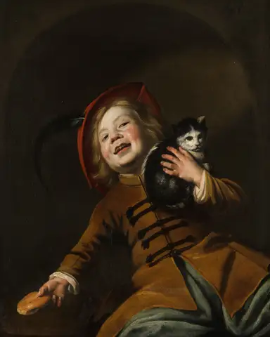 Boy with a cat, red hat and a piece of bread by Judith Leyster
