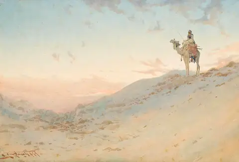 An Arab on a camel surveying the desert at dusk by Augustus Osborne Lamplough