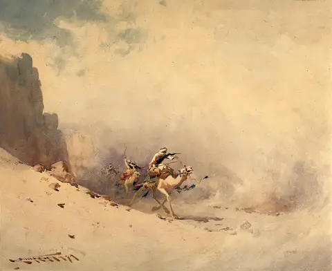 Man riding a camel in the desert during a sand storm by Augustus Osborne Lamplough