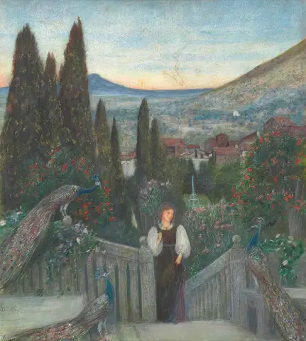A lady with peacocks in a garden by Marie Spartali Stillman