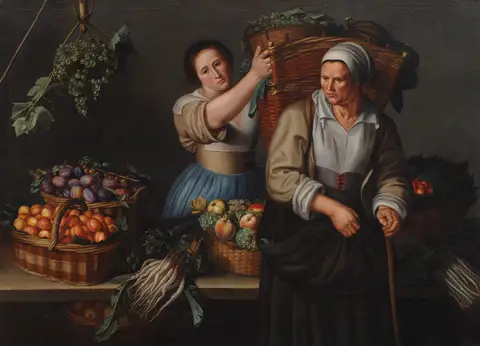 A Market Stall with a Young Woman Giving a Basket of Grapes to an
          Older Woman by Louise Moillon