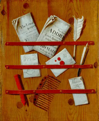 Newspapers, Letters and Writing Implements on a Wooden Board by Edwaert Collier