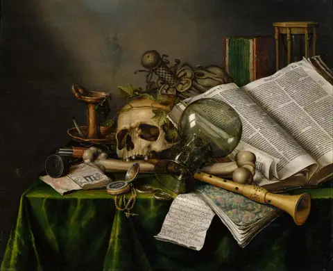 Still Life with Books and Manuscripts and a Skull by Edwaert Collier